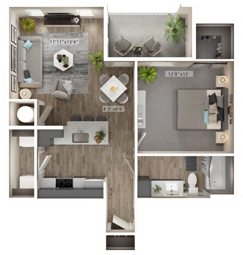 Floor plan for 1 bed, 1 bath, 733 sqft